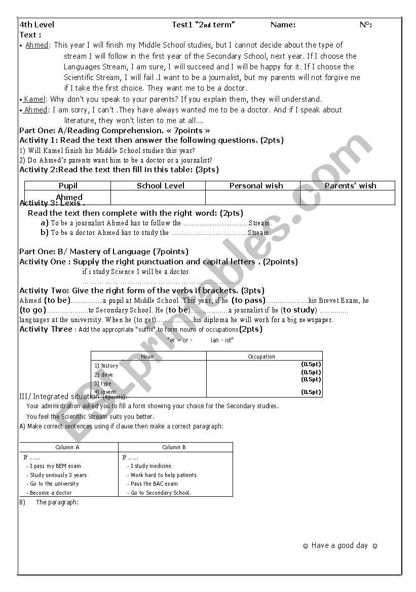 Test1 2nd term 4th level worksheet