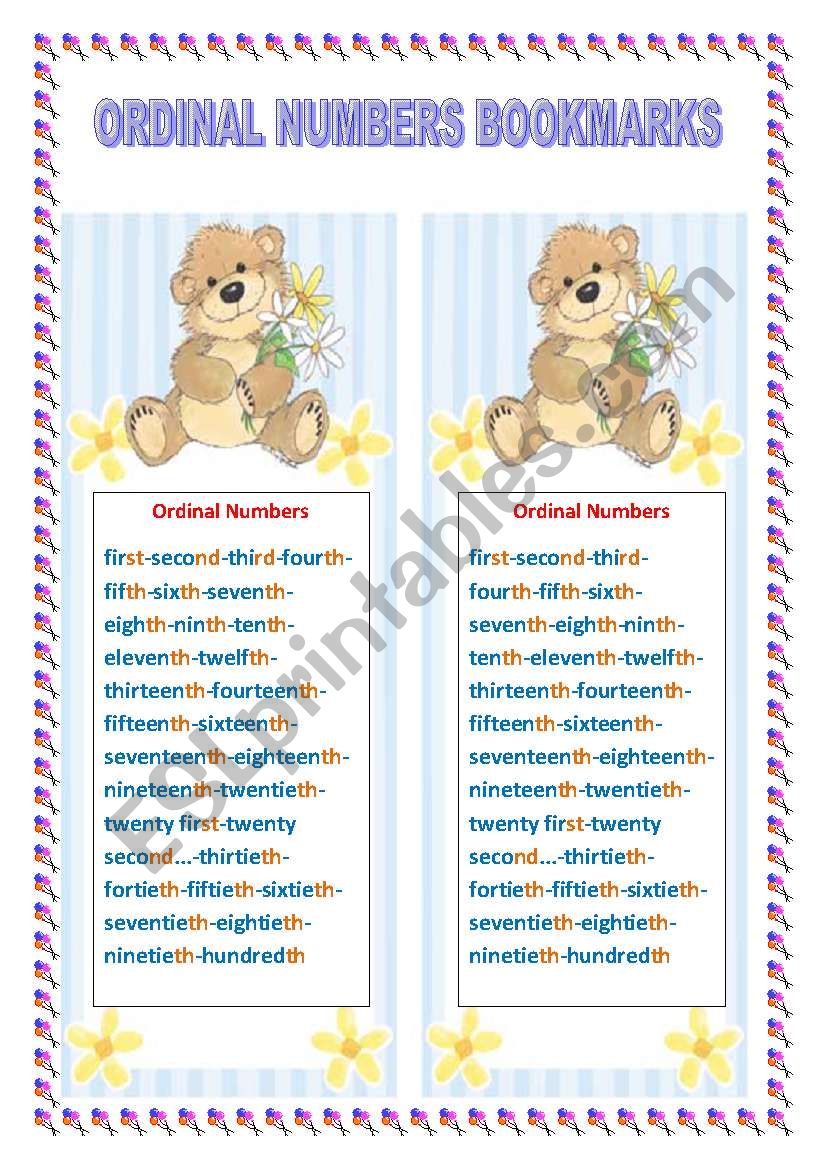 Ordinal Numbers Bookmarks worksheet