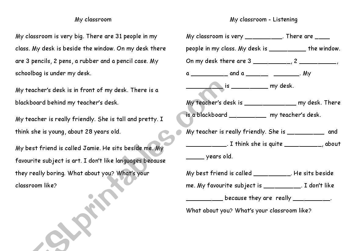 Listening :: My classroom = school/adjectives/prepositions 