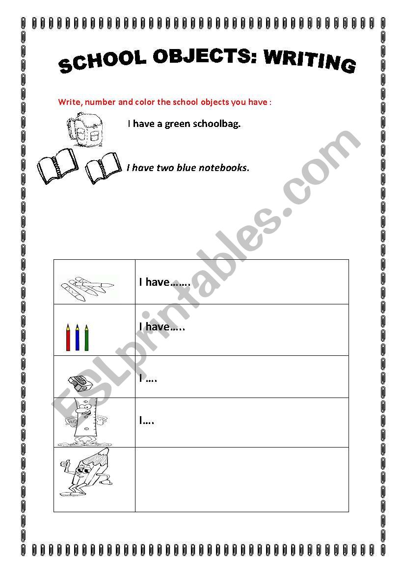 SCHOOL OBJECTS: WRITING worksheet