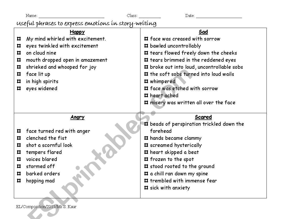 Useful phrases to express emotions in story-writing