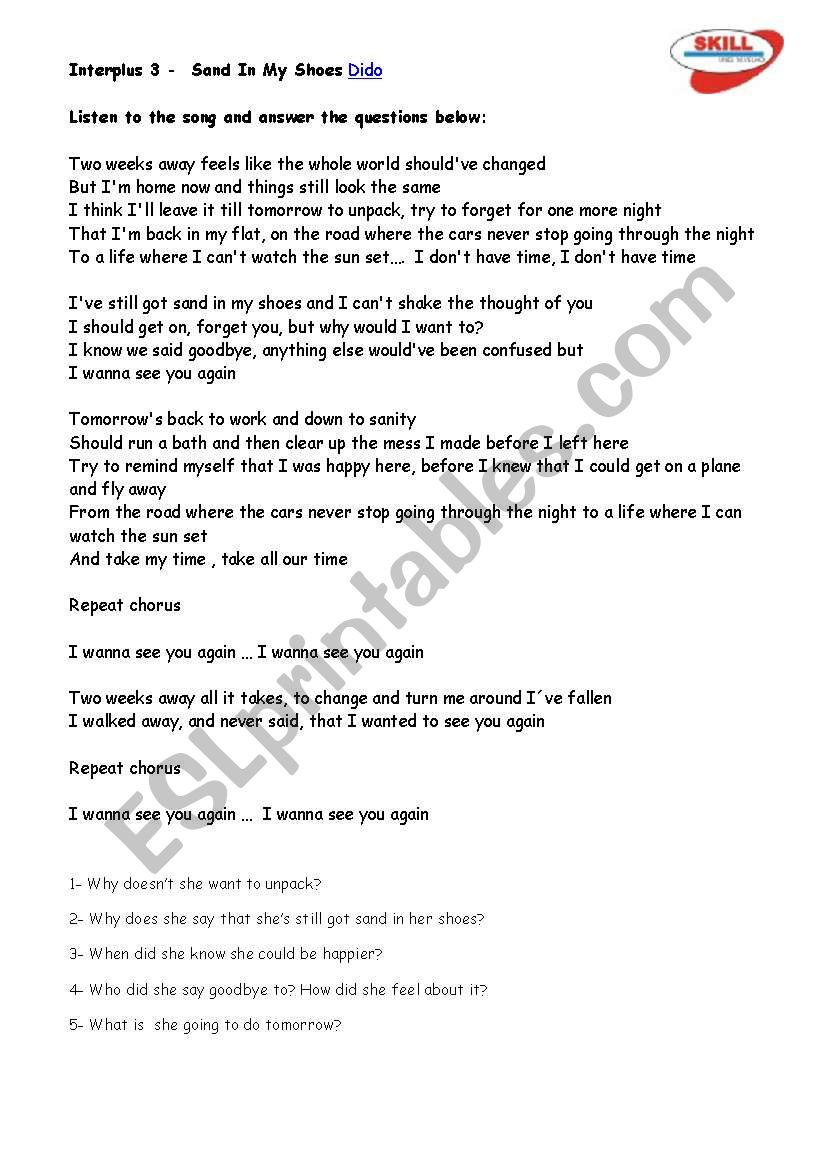 Sand in my shoes worksheet