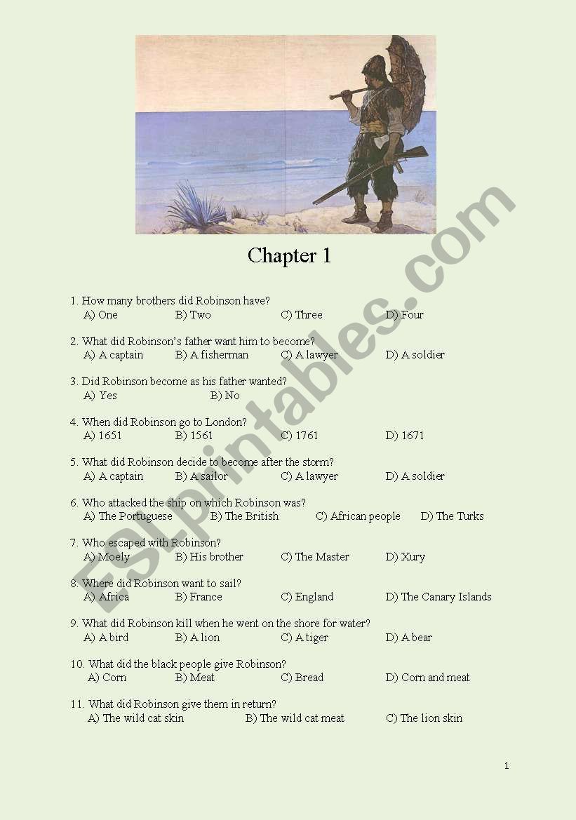 Robinson Crusoe-Chapters 1-4 worksheet