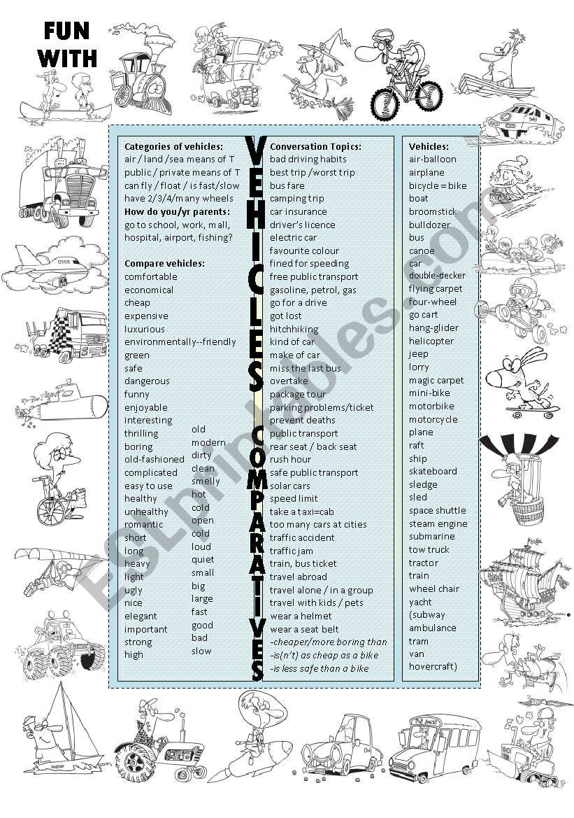 40 Vehicles + 45 Adjectives + 40 Conversation topics - many speaking props  + 28 funny pics - BW, editable - A2 - B1 level - ESL worksheet by moravc