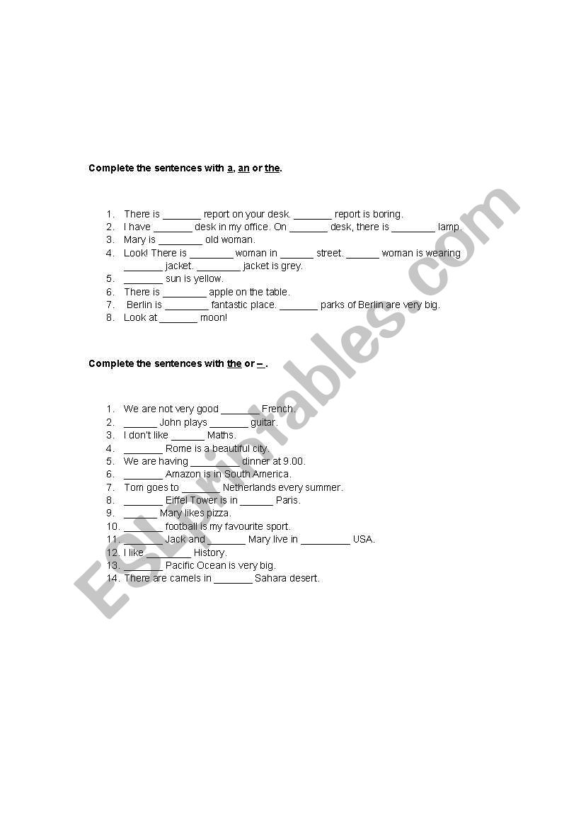 Articles worksheet