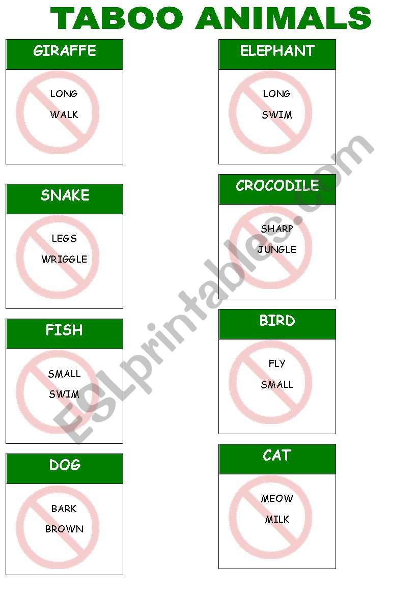 taboo animals worksheet