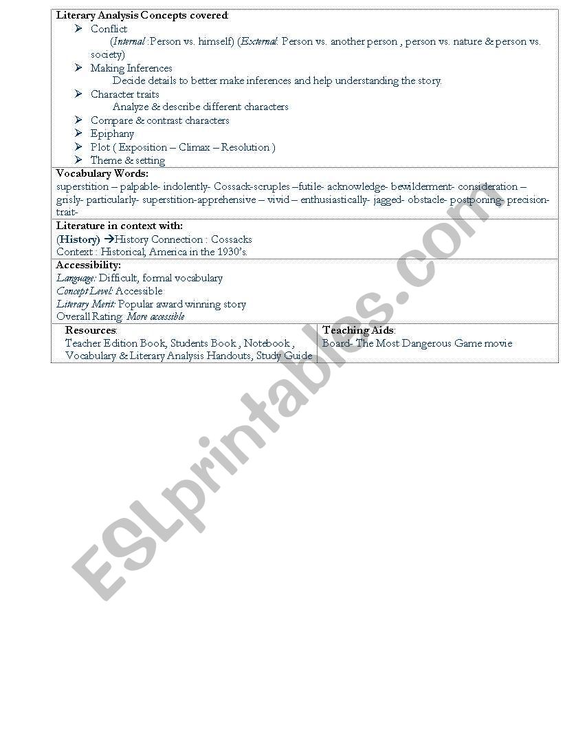 English worksheets: The Most Dangerous Game Lesson Plan
