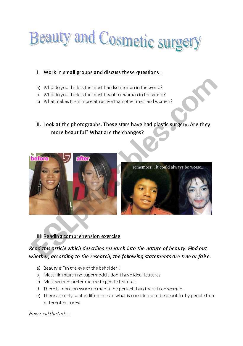 Beauty and cosmetic surgery worksheet