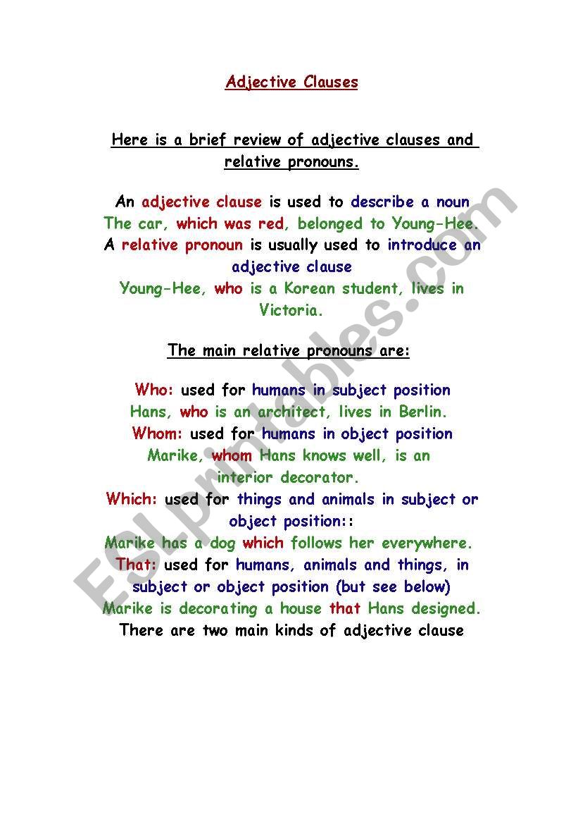 Adjective clause worksheet