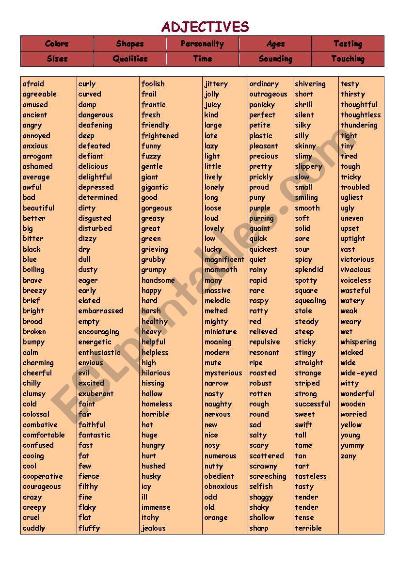 List of Common Adjectives worksheet