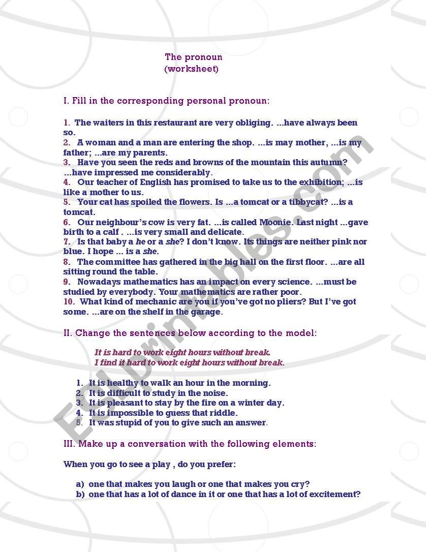 The pronoun (worksheet) worksheet