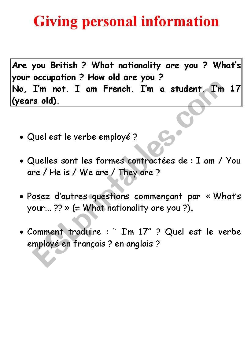 Giving personal information  worksheet