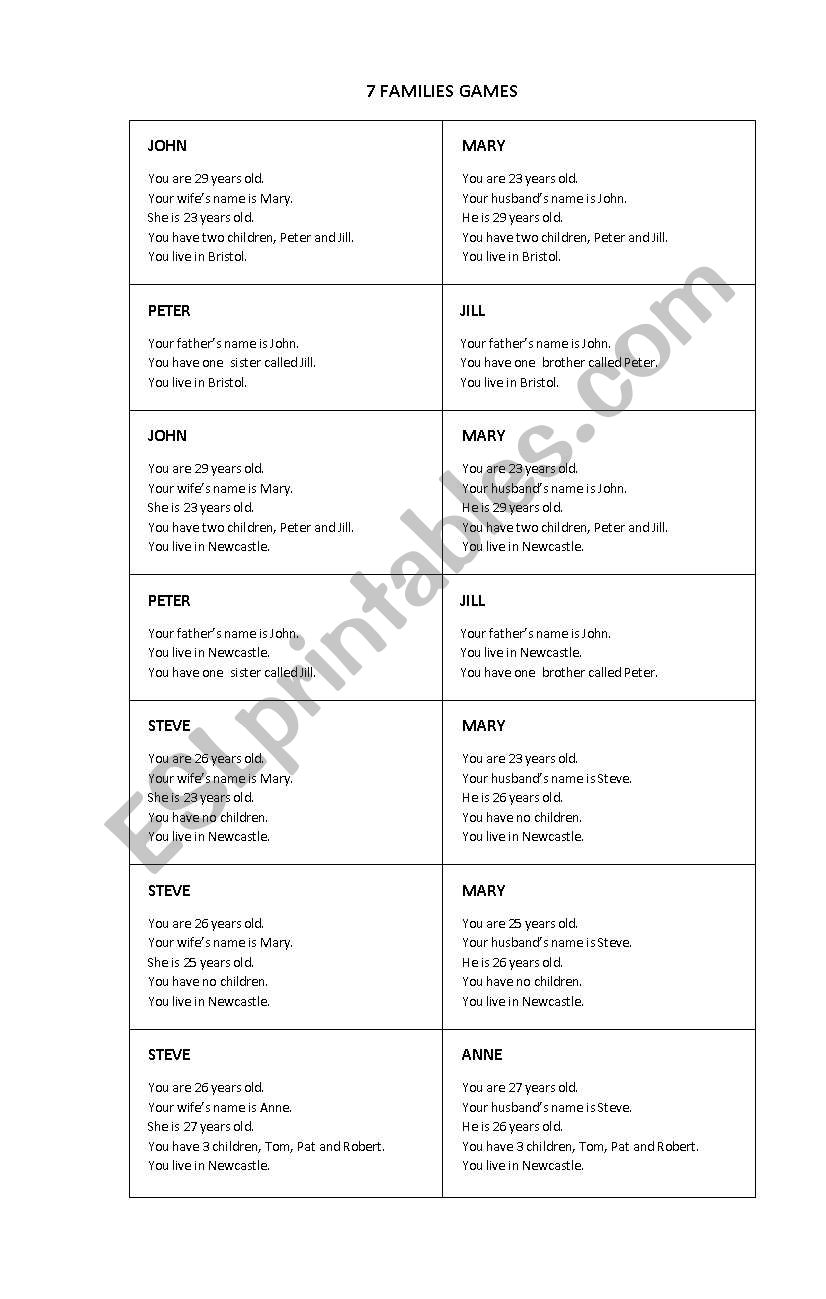 Families worksheet