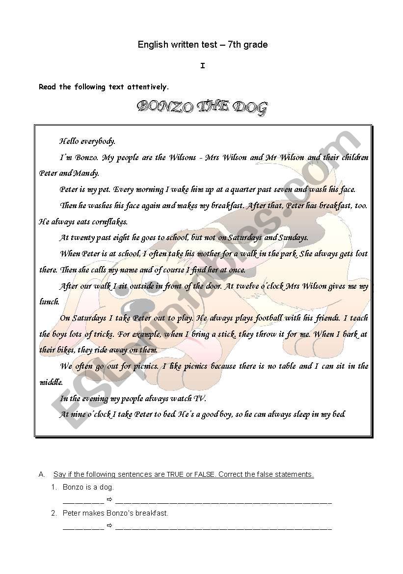 7th grade test - daily routine