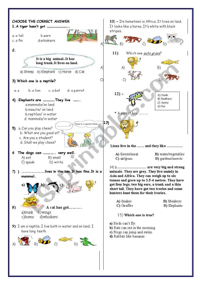 Animals-test worksheet