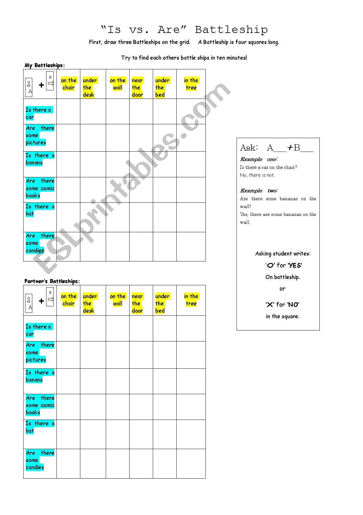 Is vs, Are Battleship worksheet