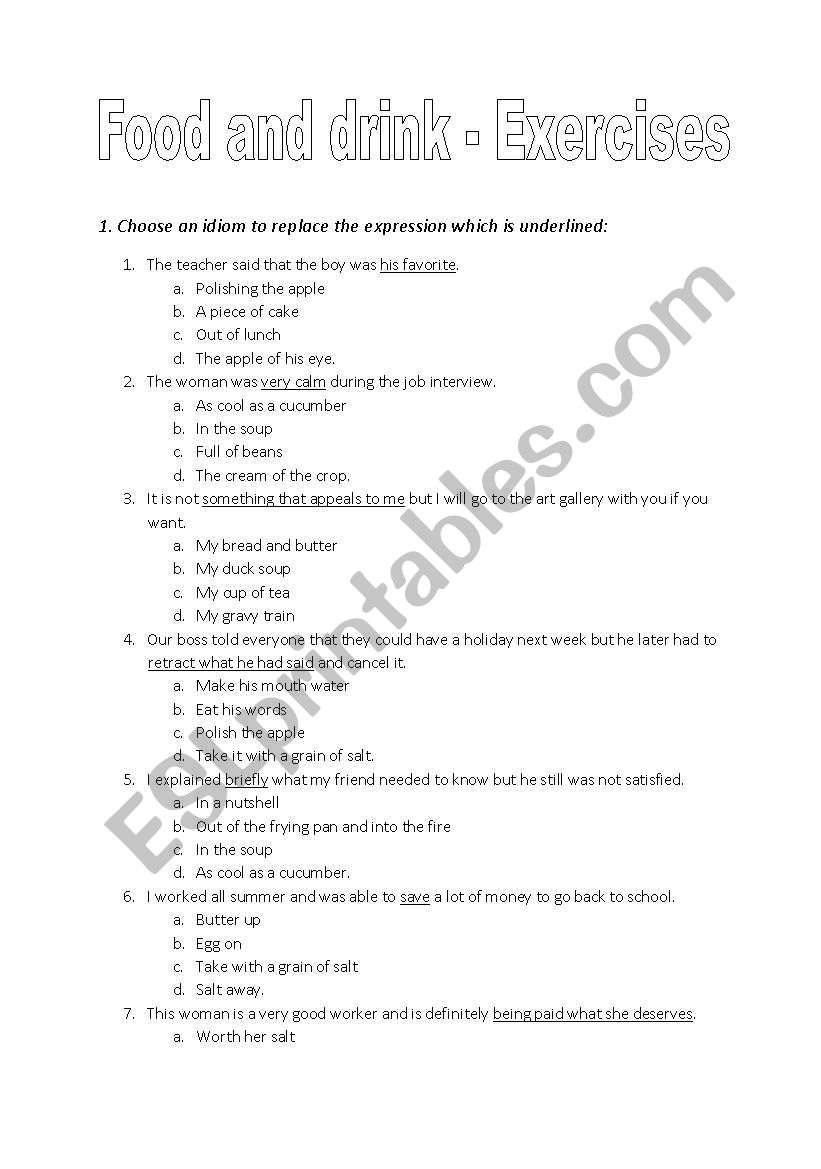 Food and Drink: idioms worksheet