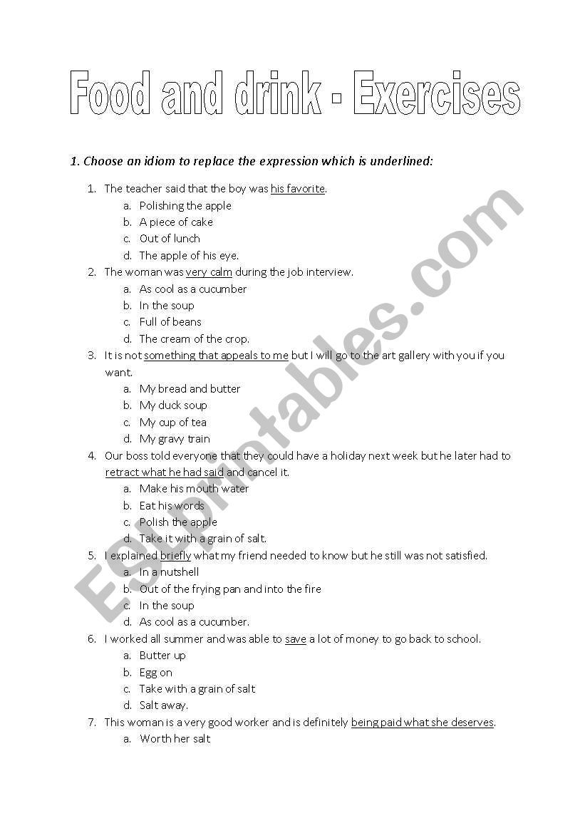 Food and Drink: idioms worksheet