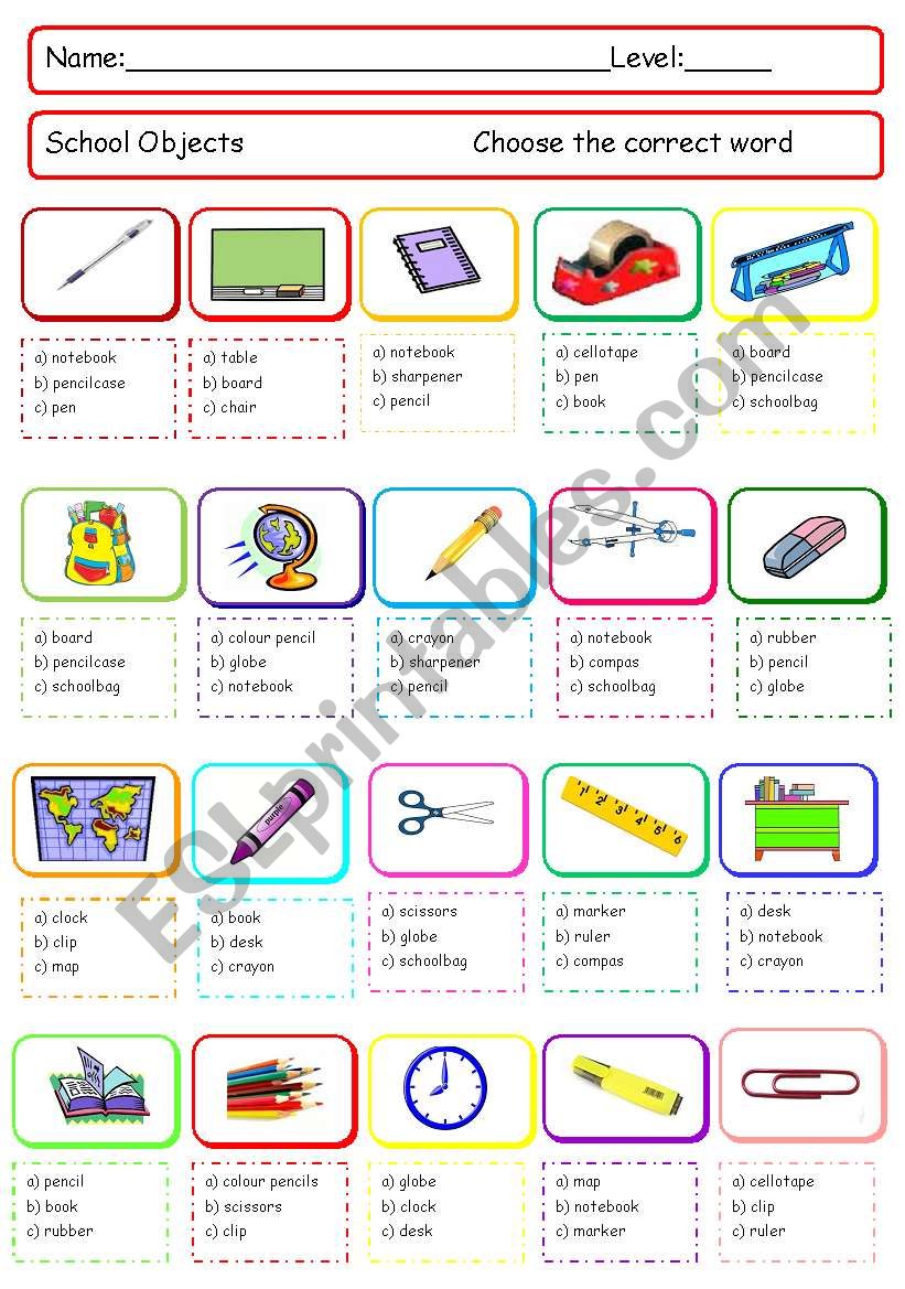 School objects quiz worksheet