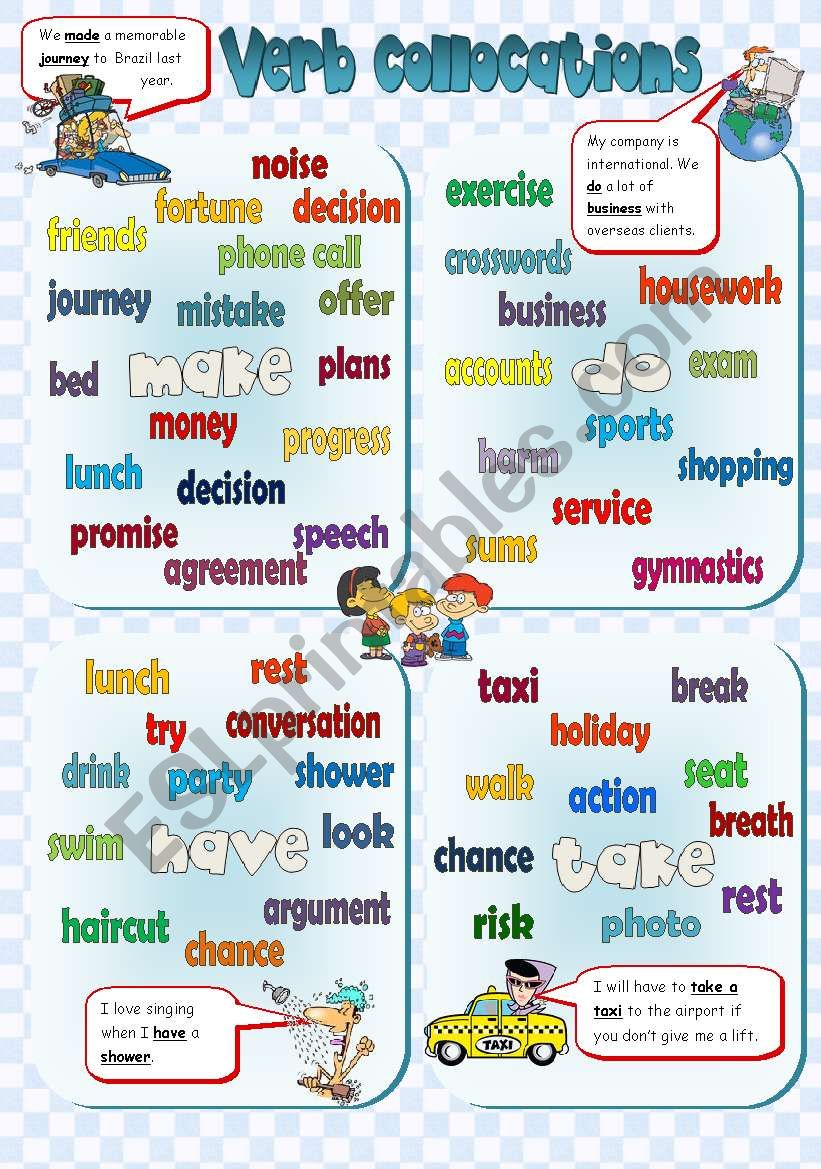 VERB COLLOCATIONS - poster + exercises **3PAGES** (B&W +KEY included)