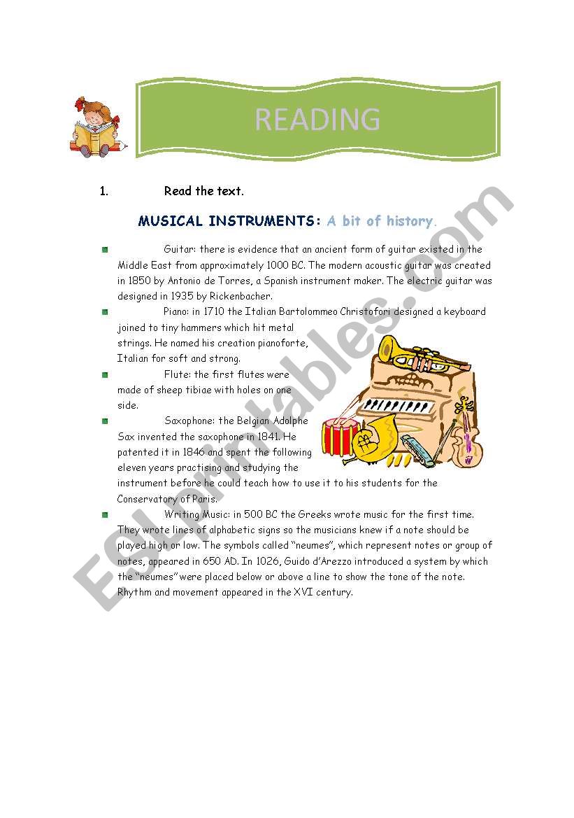 MUSICAL INSTRUMENTS reading! worksheet