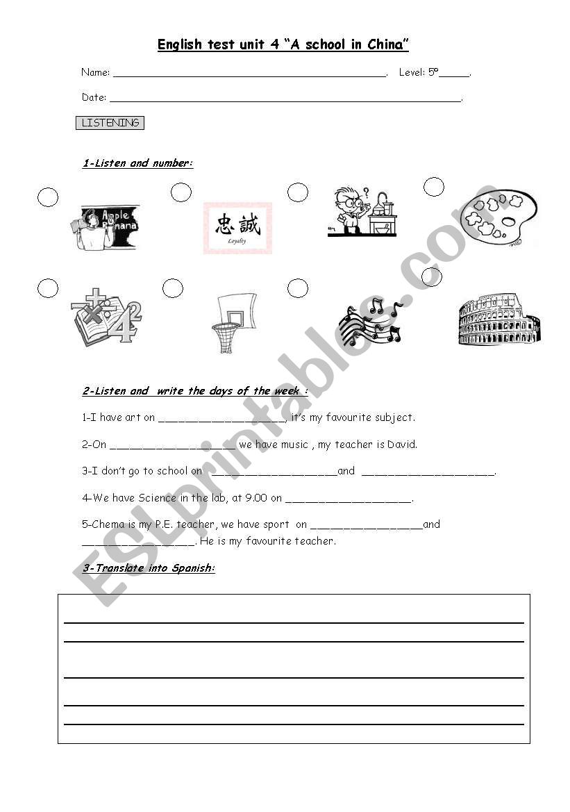 test school subjects worksheet