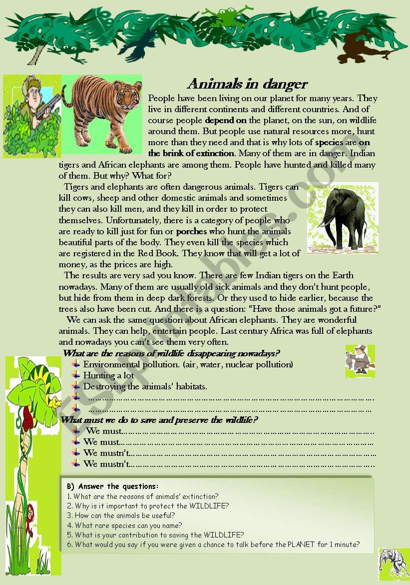 Animals in danger. Reading-comprehension worksheet.