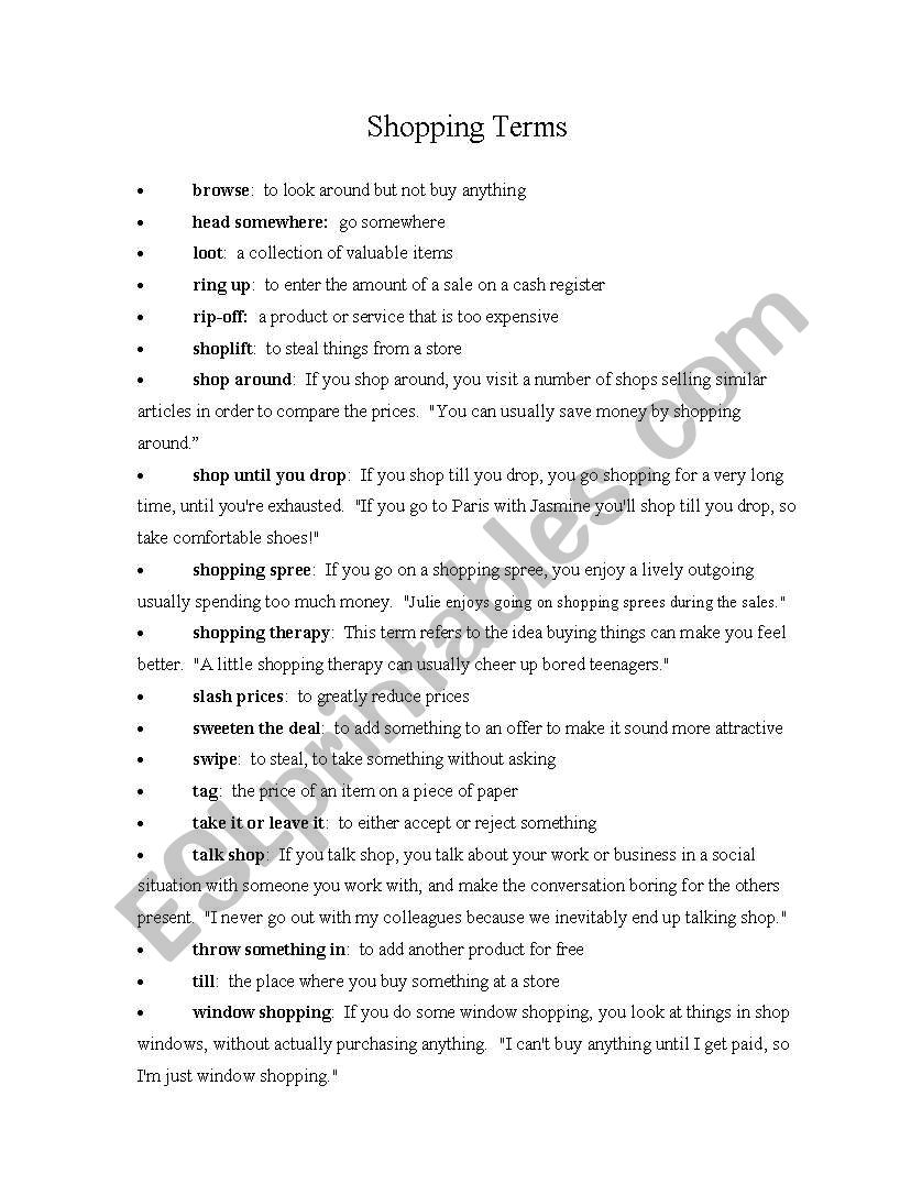 Shopping Terms worksheet