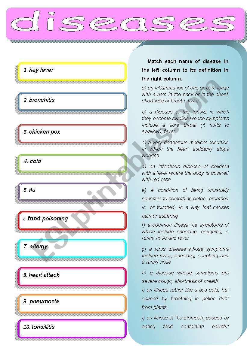 DISEASES AND THEIR SYMPTOMS worksheet