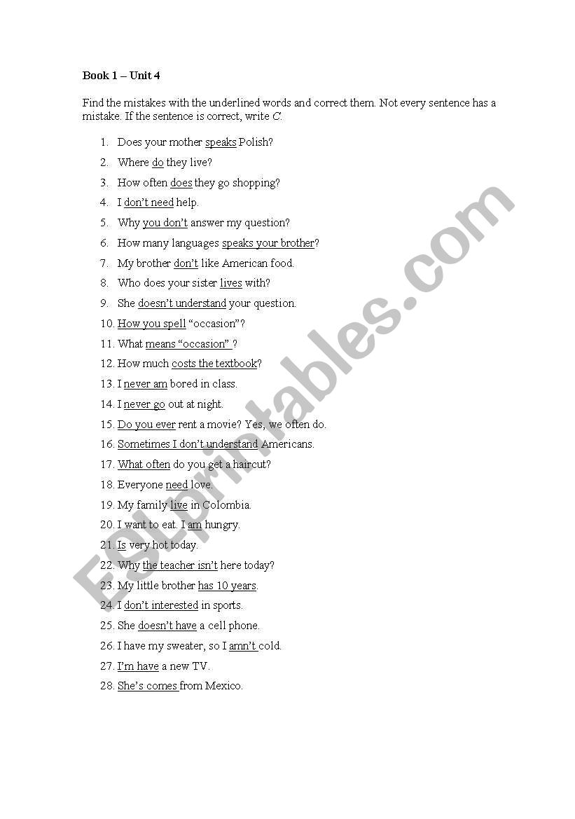 Find the mistakes worksheet