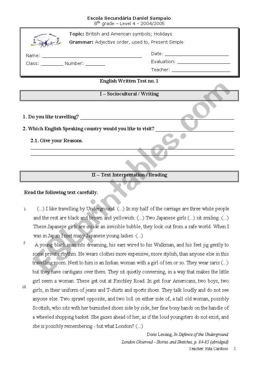 Test 8th grade worksheet