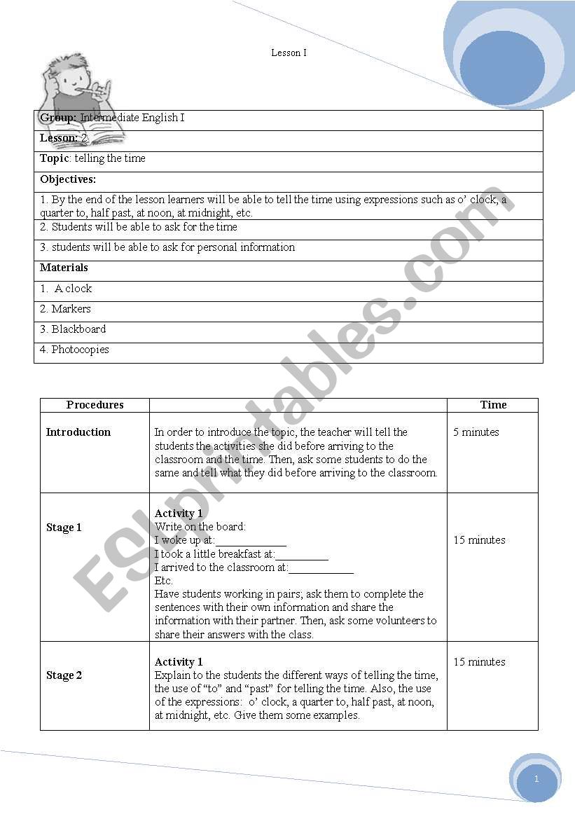 Lesson Plan- telling the time worksheet