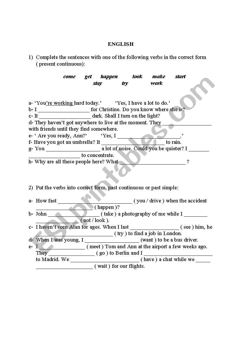 present and past continuous  worksheet