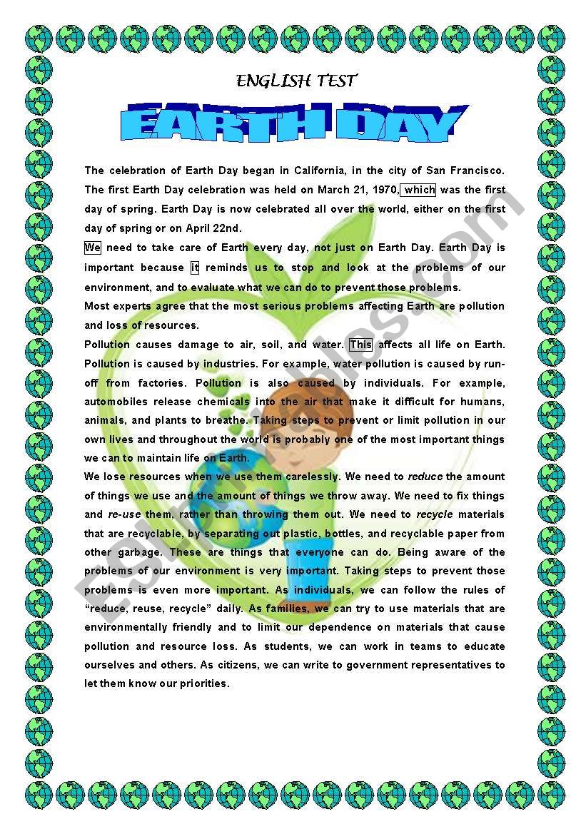 EARTH DAY- READING COMPREHENSION