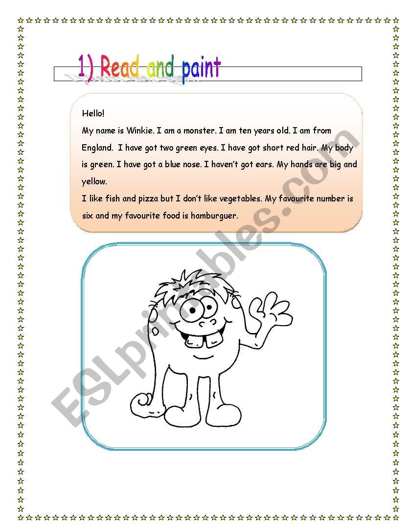 describe winkie the monster worksheet