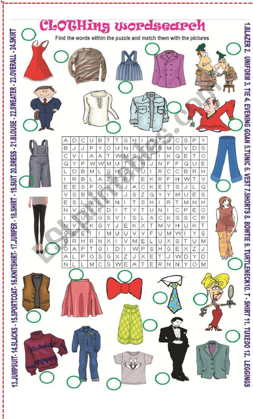 Clothing wordsearch worksheet