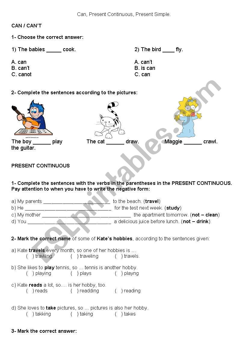 Test about CAN, SIMPLE PRESENT AND PRESENT CONTINUOUS