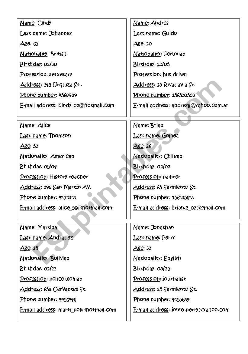 Speeding dates profiles worksheet