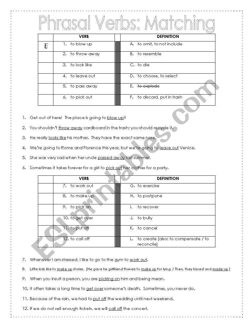 Phrasal Verbs - 2 pages of 4 Matching Exercises with Definitions & Sample Sentences
