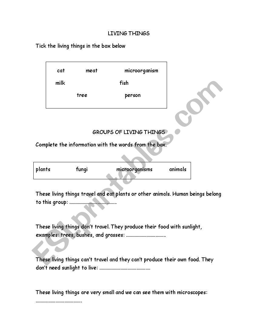 Living things worksheet