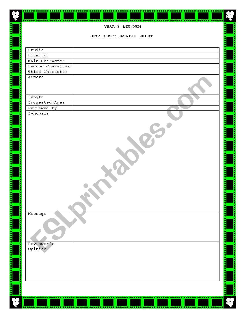 Movie Review note sheet worksheet