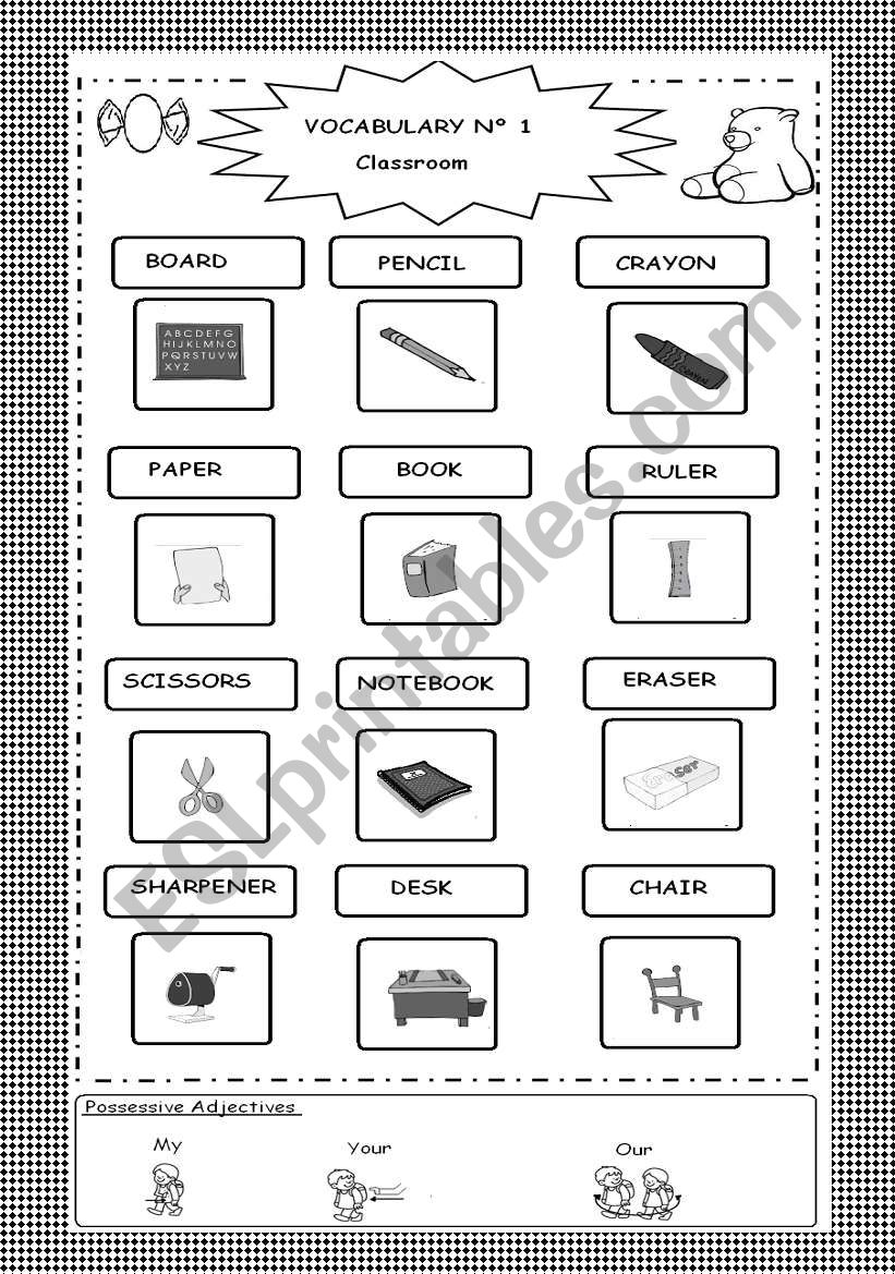 School Objects - B&W -  2 Pages : Picture Dictionary and Worksheet 