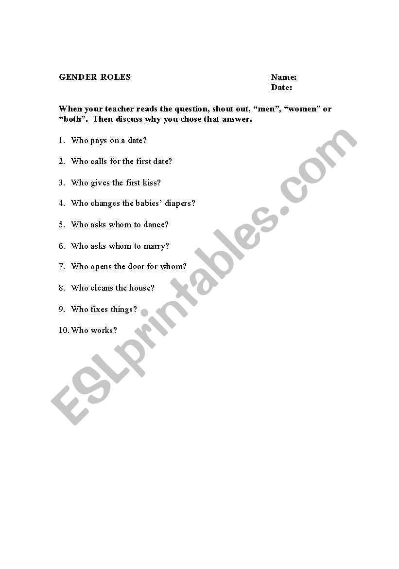 gender roles worksheet