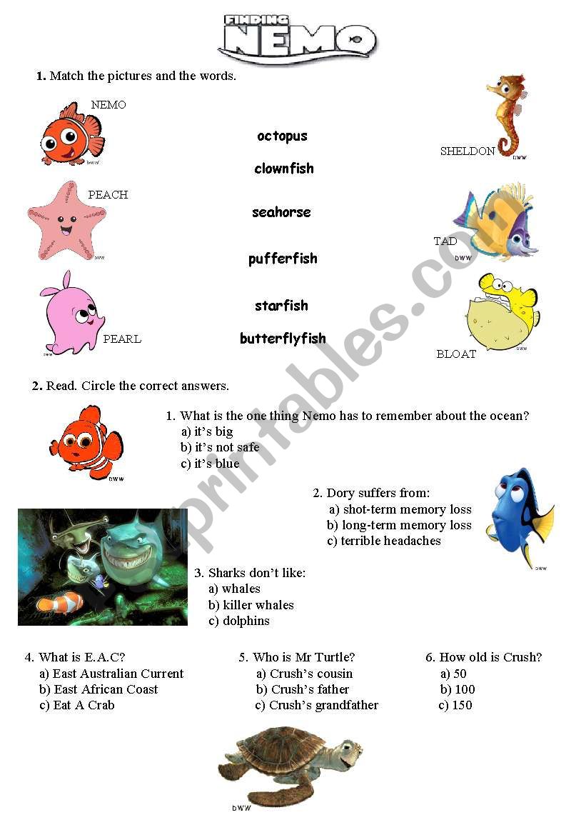 Finding Nemo Esl Worksheet By Aniczka