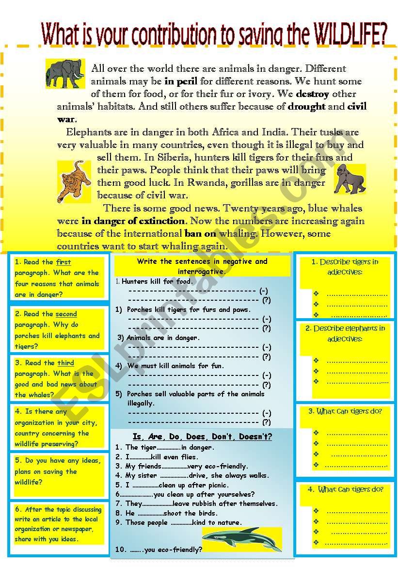 What is your contibution to saving the WILDLIFE? Reading-comprehension worksheet.