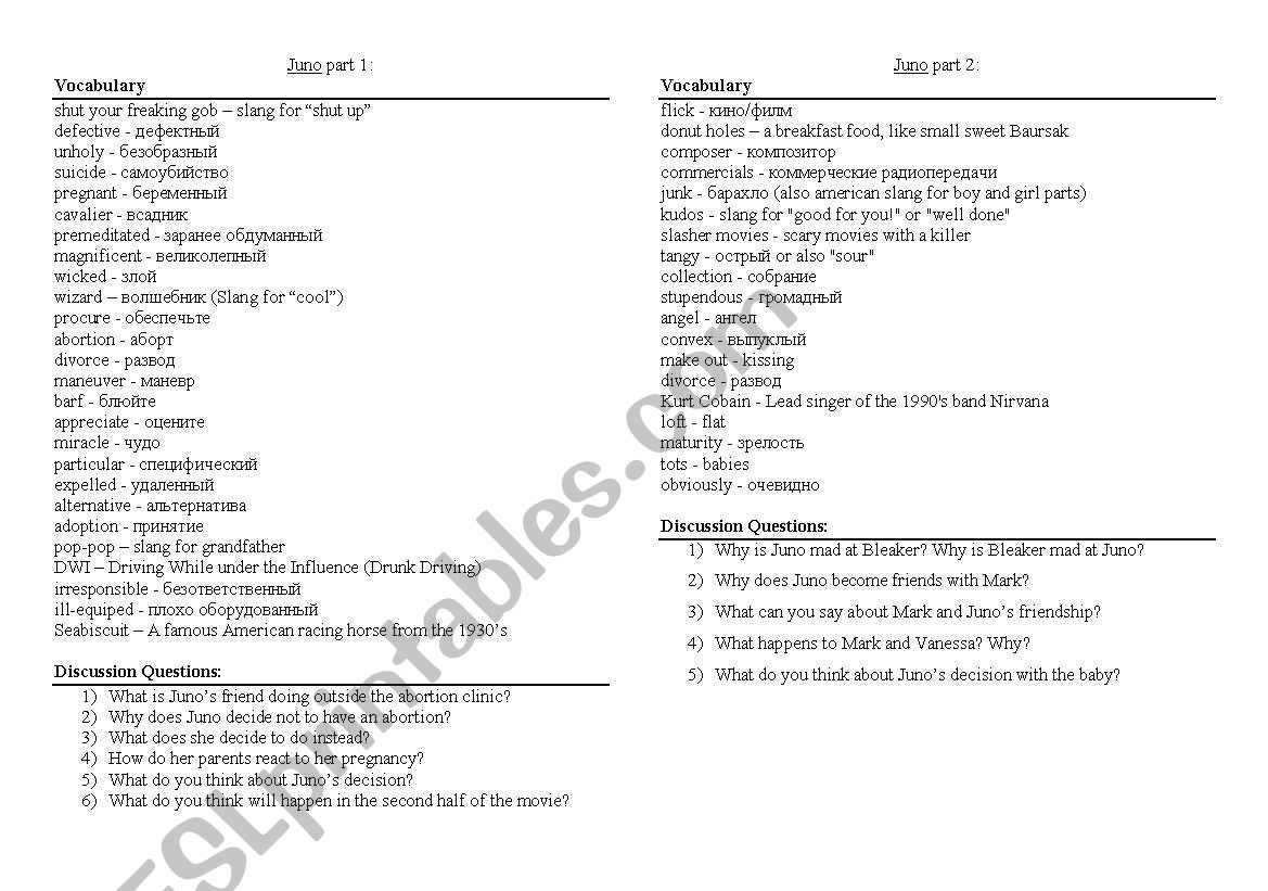 Juno vocabulary and questions abour the plot