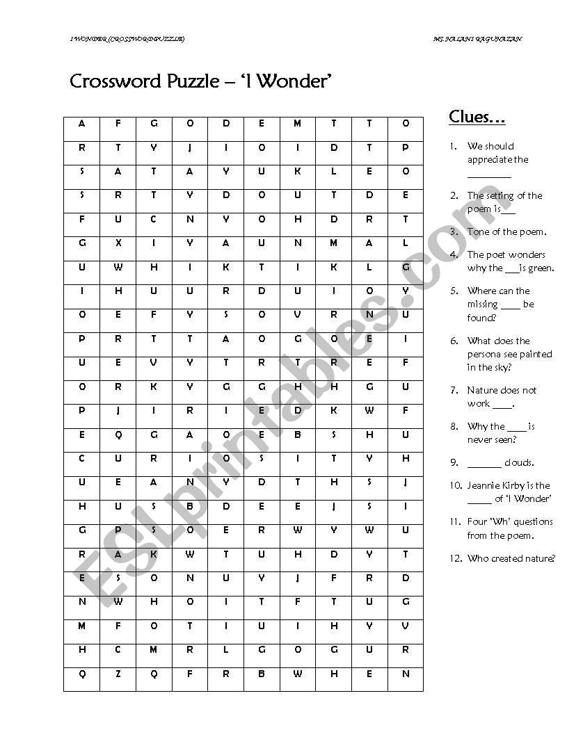 crossword puzzle - poem i wonder