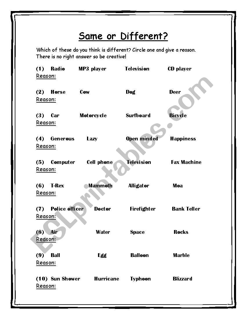 Same or Different Game worksheet