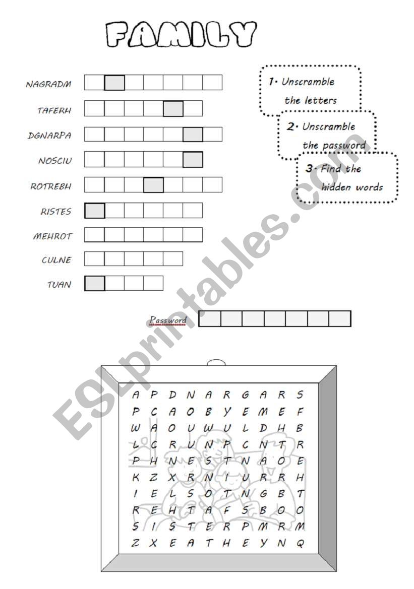 Family - unscramble and find worksheet