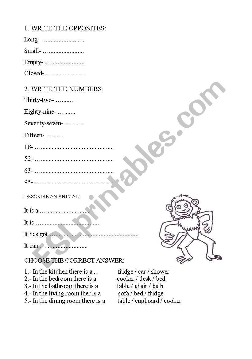 test (opposites; numbers 1-100; description of an animal; preposition- under, behind, on in; furniture)